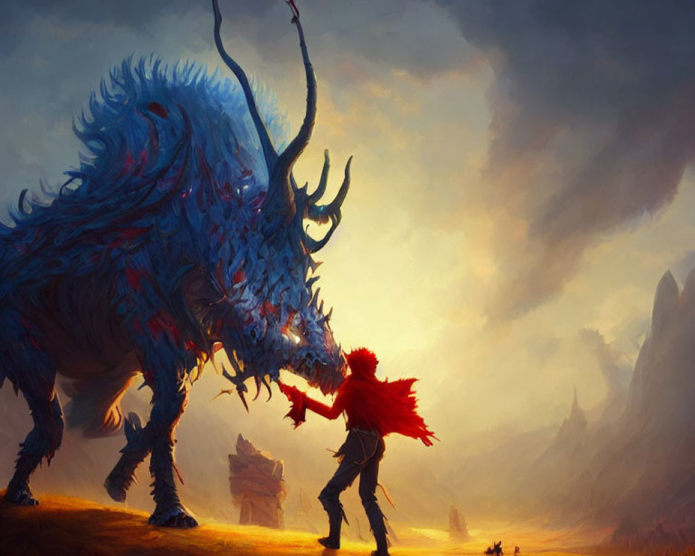 Warrior confronts giant blue horned beast in dramatic fantasy scene