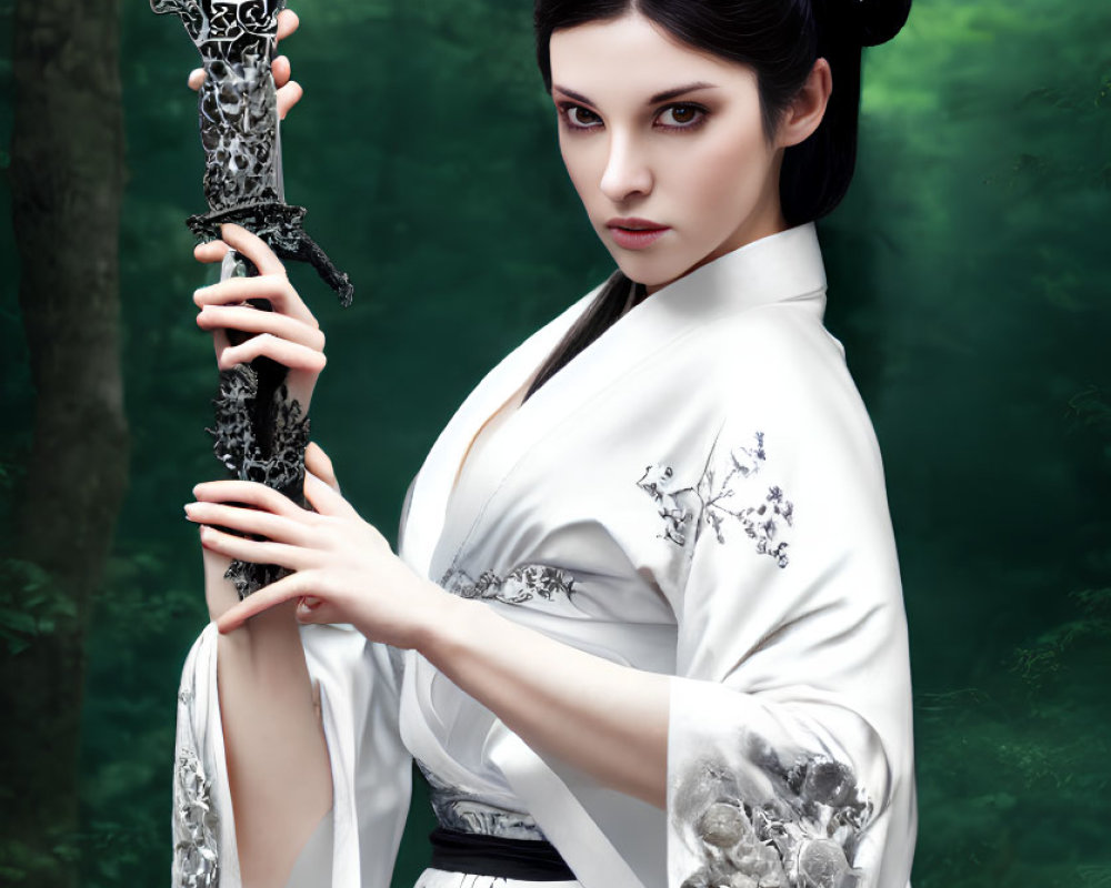 Woman in white attire with floral patterns holding ornate sword in mystical forest