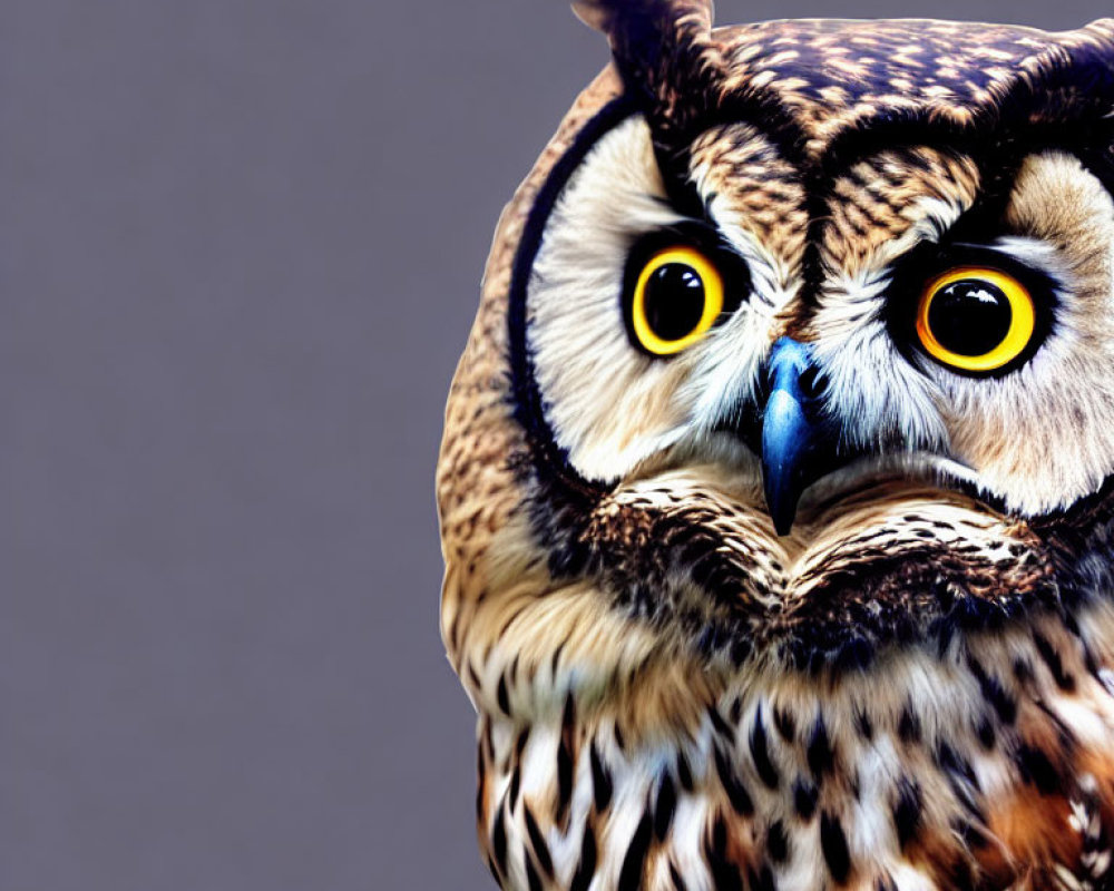 Great Horned Owl with Tufts and Yellow Eyes on Grey Background