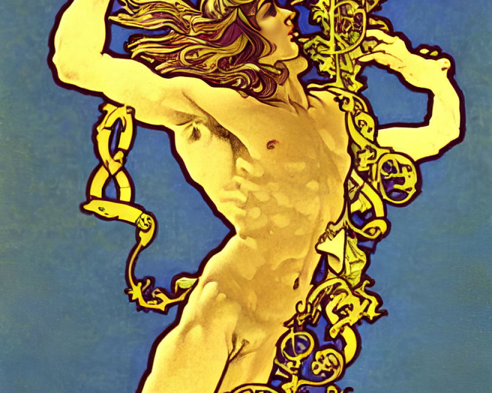 Art Nouveau Style Illustration: Muscular Male Figure with Floral Elements and Cherub on Blue Background