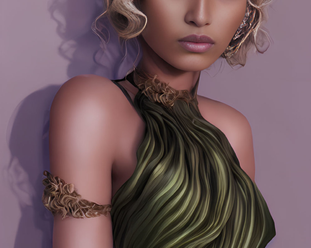 Digital artwork of a woman in green off-shoulder gown with curly hair and intense gaze