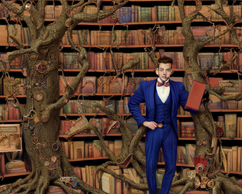 Person in Blue Suit Standing by Whimsical Bookshelf with Books and Curios