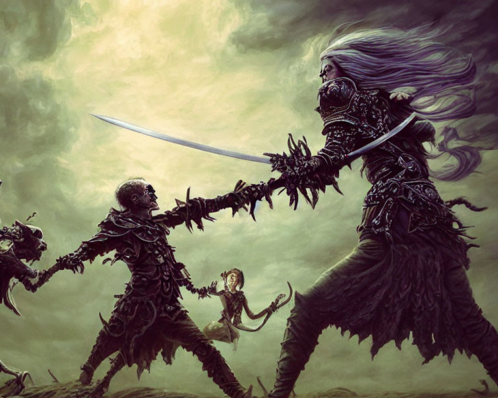 Fantasy battle scene: fierce female warrior vs. armored skeletal adversary