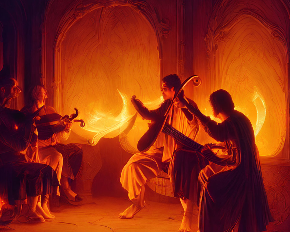 Ethereal musicians playing stringed instruments in ornate hall