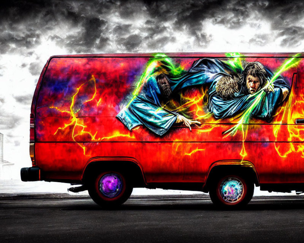 Colorful Flaming Motif Painted Van Under Cloudy Sky