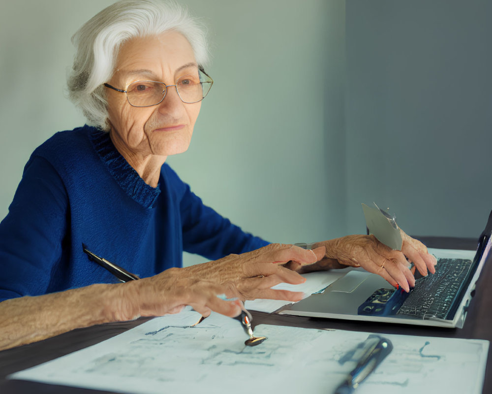 Elderly Woman with Glasses Reviewing Documents on Laptop