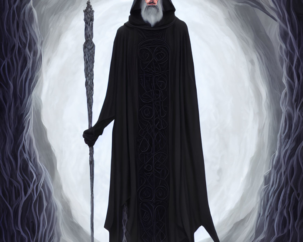 Wizard in Black Cloak with Staff in Mystical Vortex