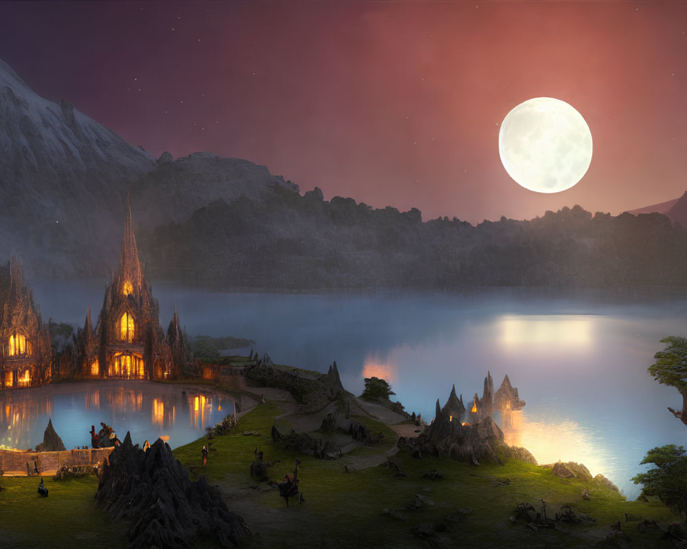 Fantasy landscape with illuminated castle, moon, mountains, and lake