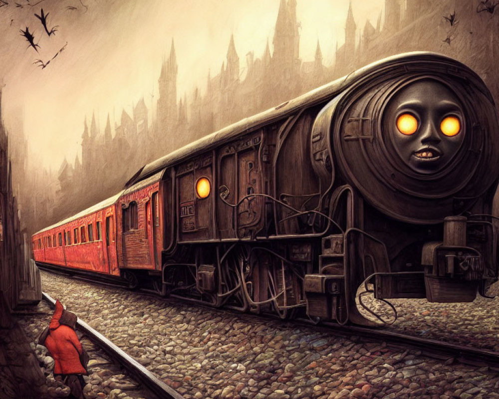 Spooky train illustration with glowing eyes and hooded figure on gothic backdrop