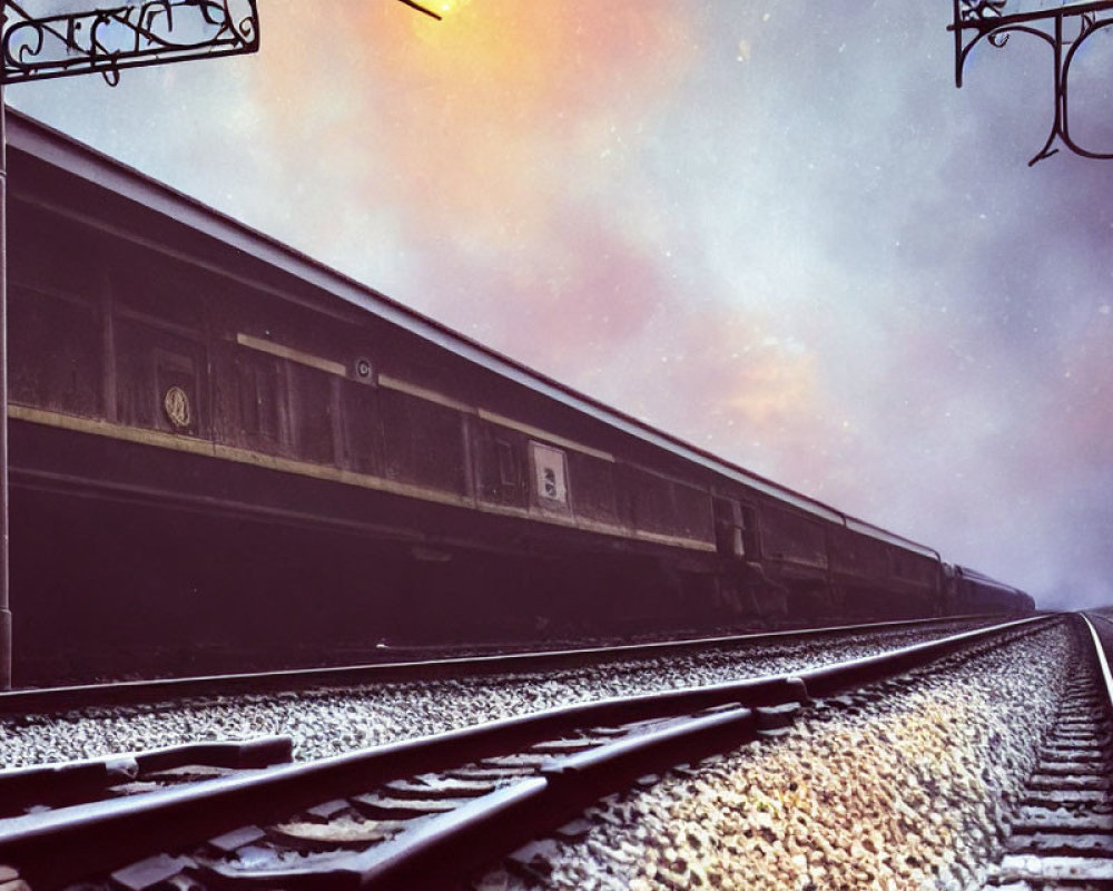 Vintage steam locomotive at train station under dynamic sky.