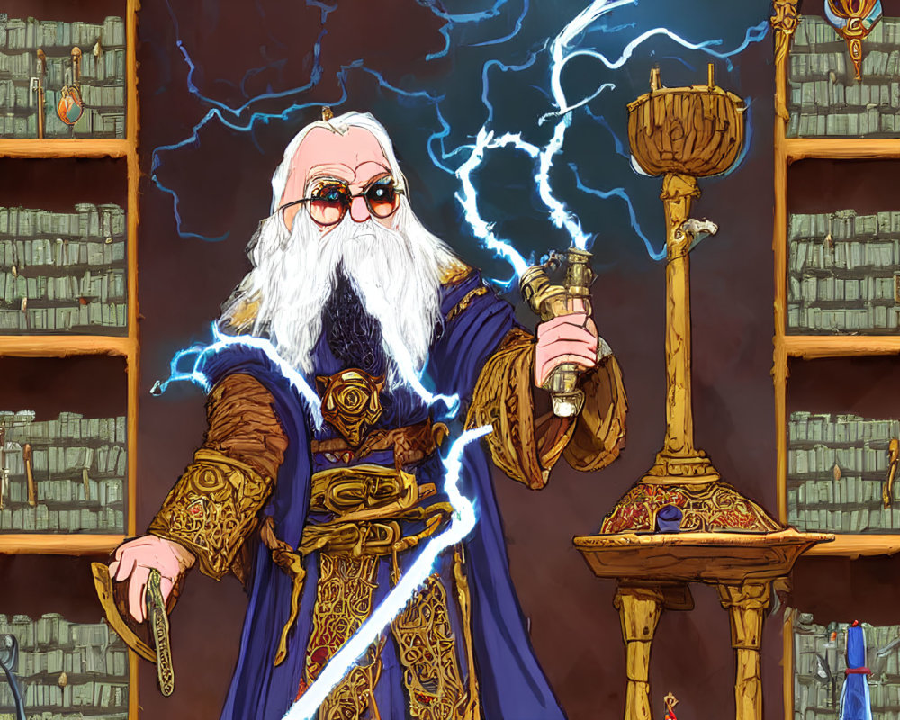 Illustration of wise wizard with long white beard in blue robe and staff, surrounded by lightning in library