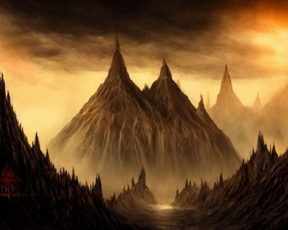 Dark mountains under fiery sky with cloaked figure in dramatic landscape