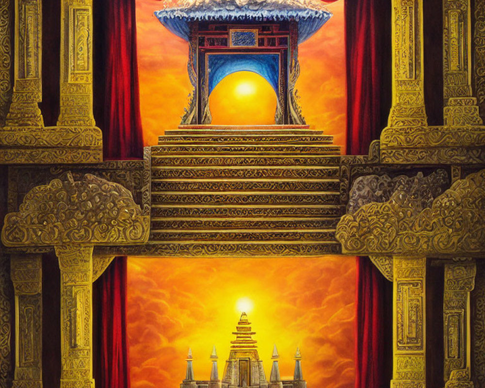 Surreal pagoda structure with glowing sun, golden patterns, and red curtains mirror effect