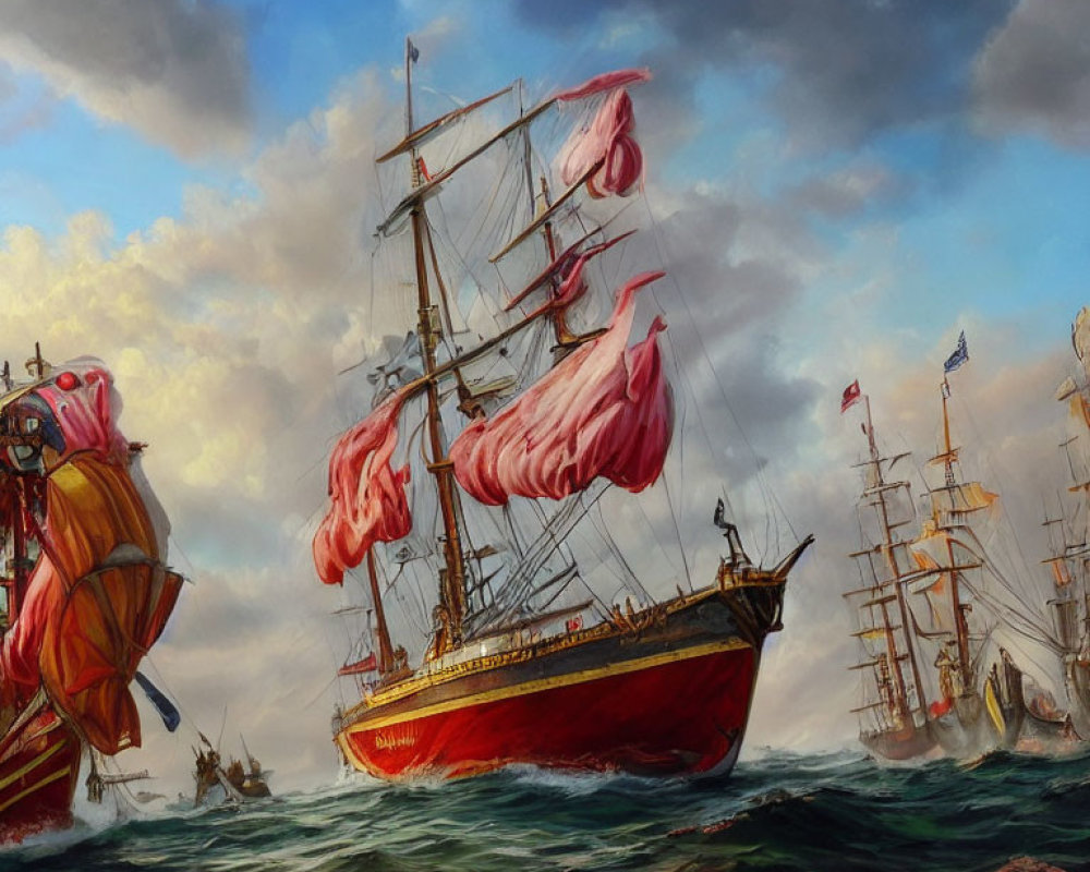 Naval battle oil painting: sailboats with red sails in stormy sky