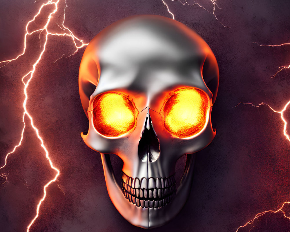 Metallic Skull Illustration with Glowing Eyes on Dark Red Background