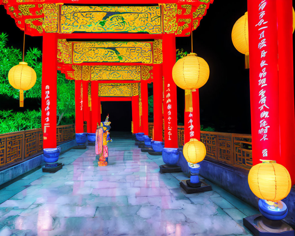 Traditional Asian Night Scene with Red Pillars and Hanging Lanterns