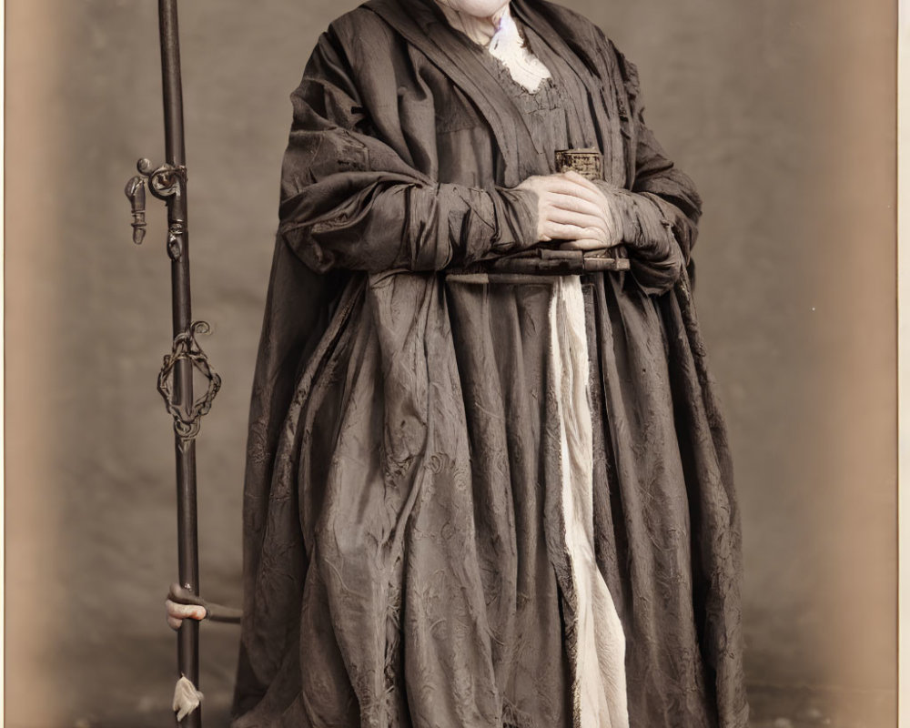 Elderly Woman in Vintage Clothing with Cane and Chain