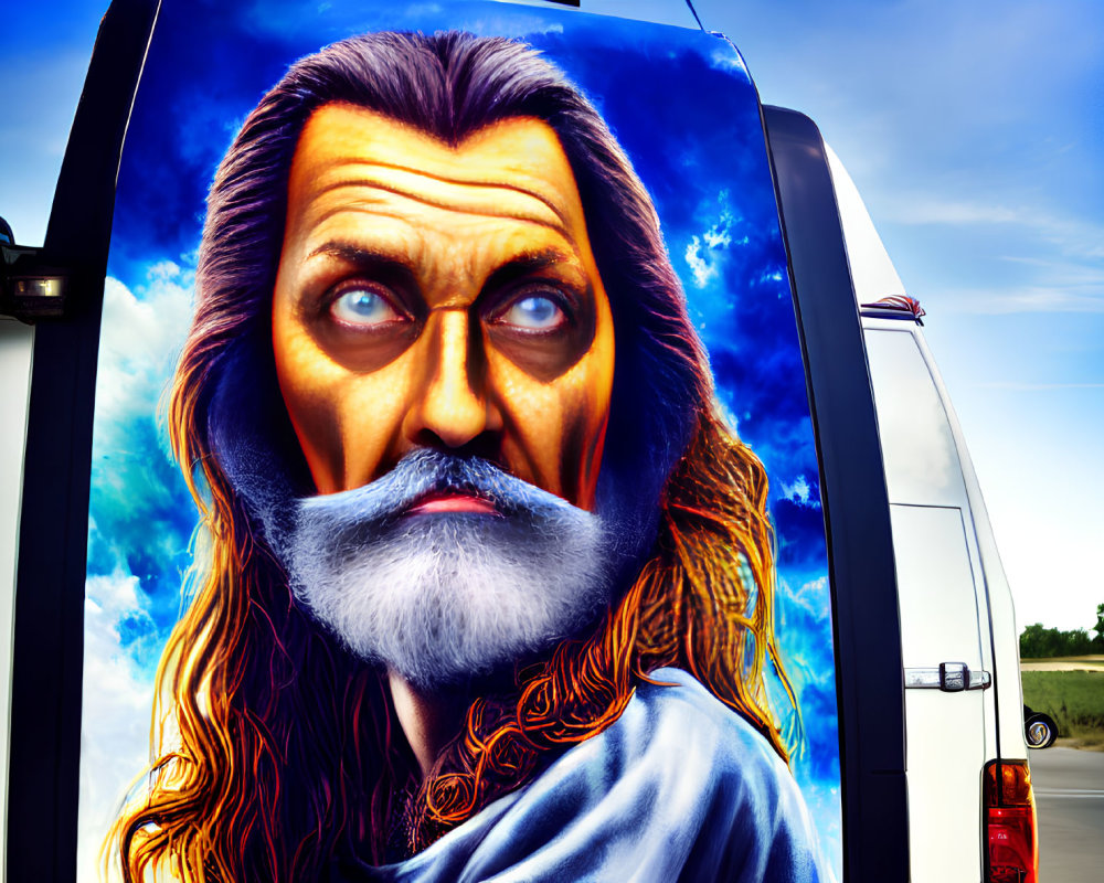 Detailed van artwork featuring intense-eyed male character with long beard against sky background