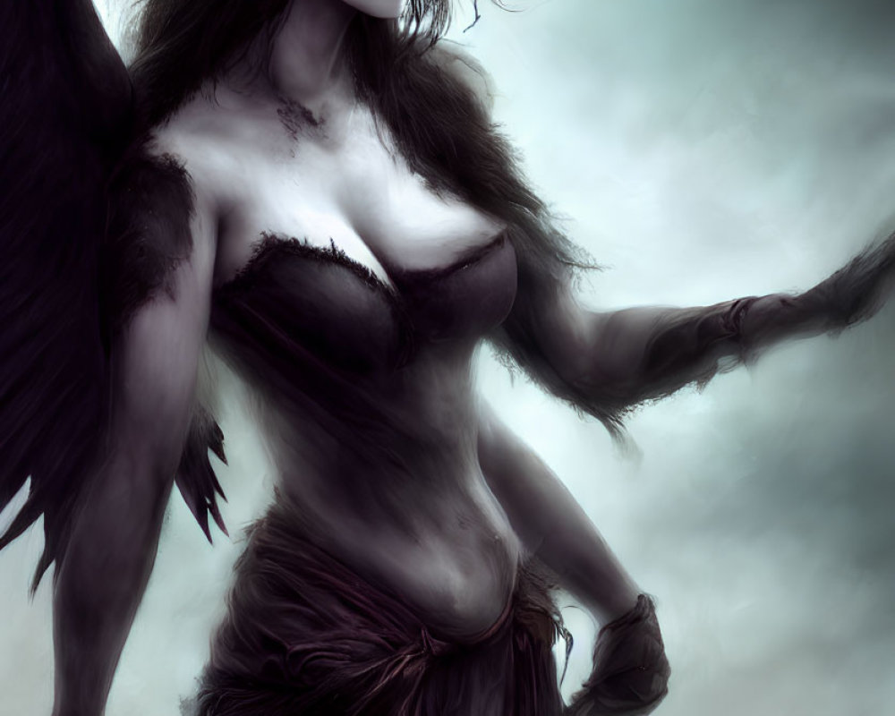 Fantasy illustration of female figure with dark feathered wings and raven hair