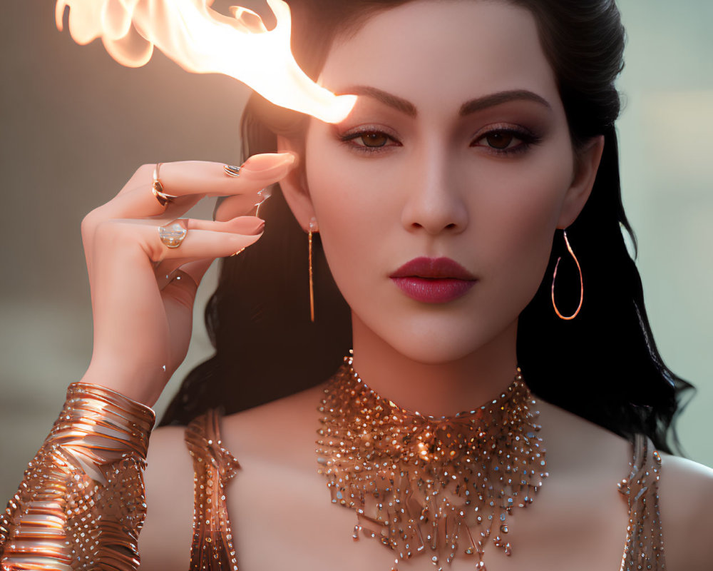 Elegant woman with jewelry touches flame, exuding mystique