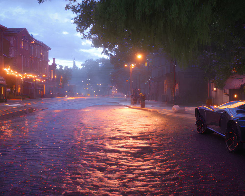 Tranquil dusk street scene with wet cobblestones, modern car, traditional buildings, and ambient