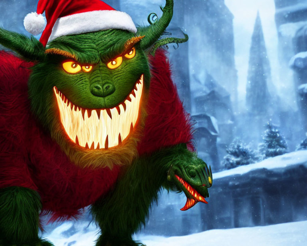 Green furry creature in Santa hat snarls with red ornament in snowy scene