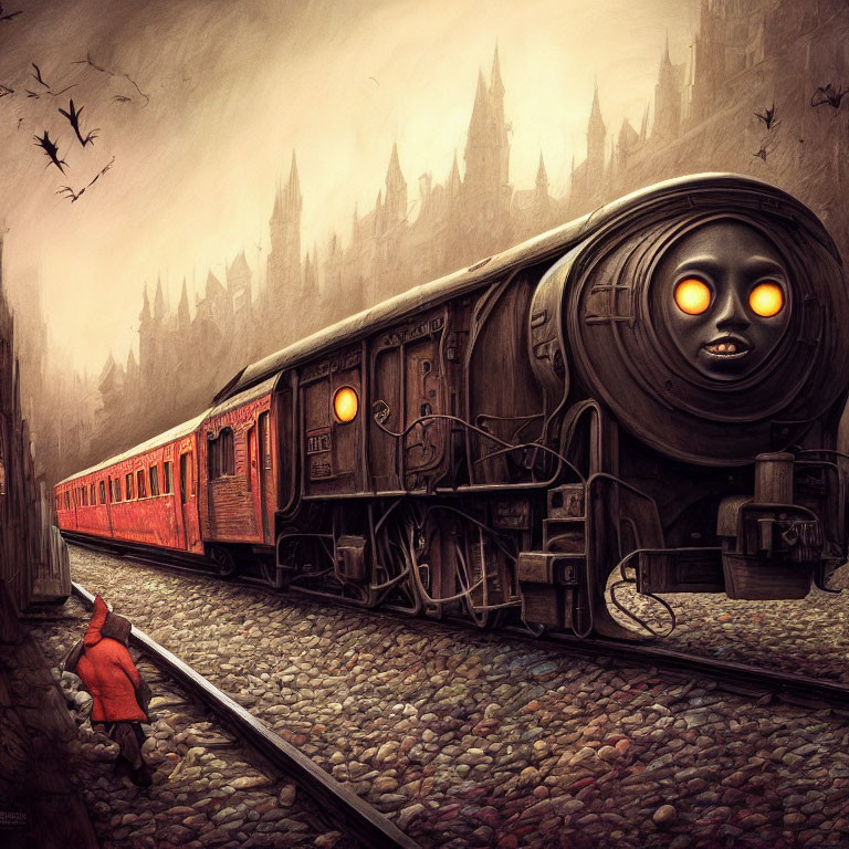 Spooky train illustration with glowing eyes and hooded figure on gothic backdrop