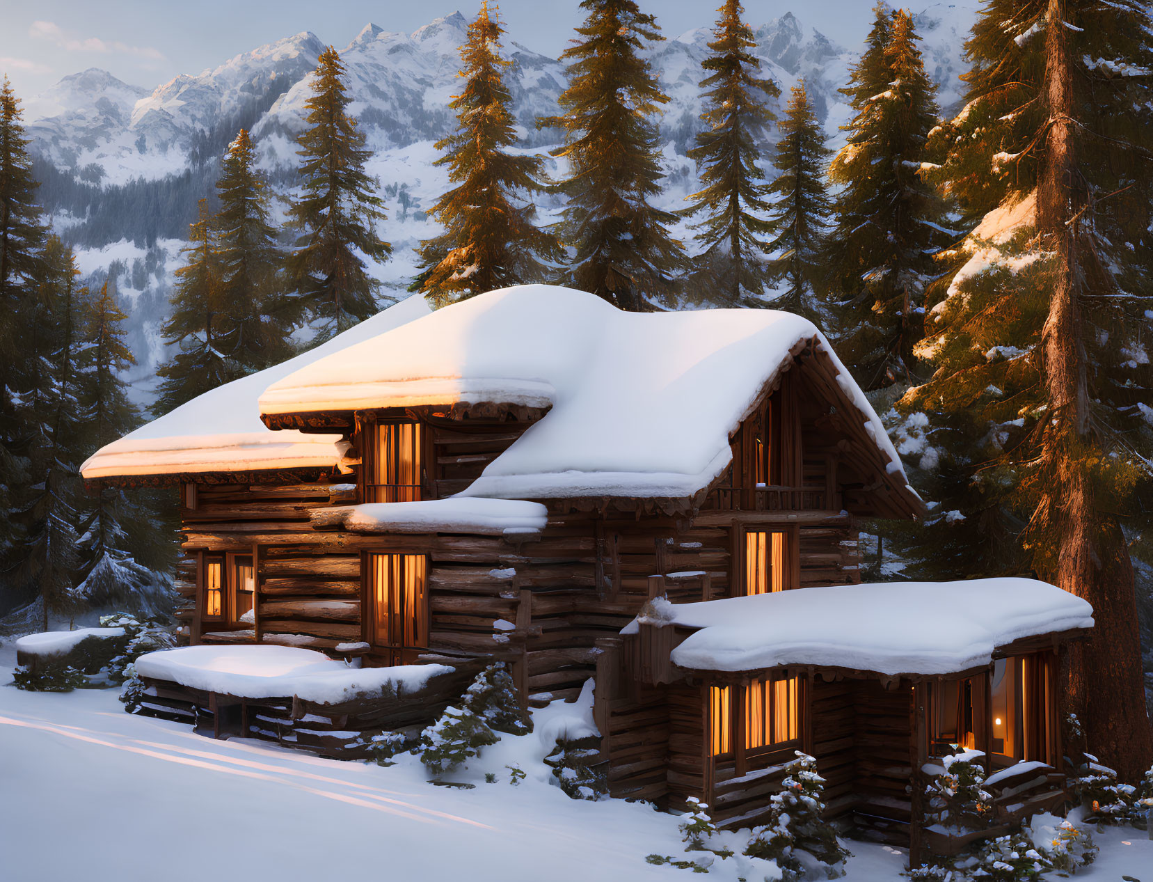 Snow-covered wooden cabin among pine trees with warm lights and snowy mountains at dusk