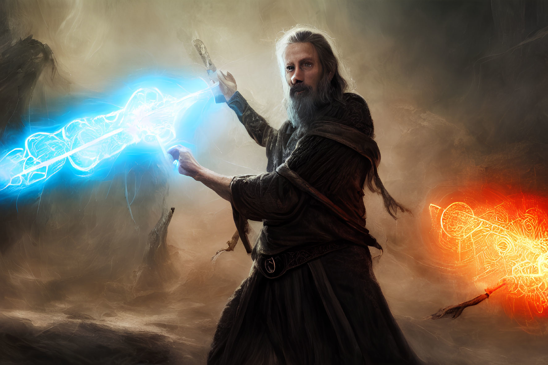 Elderly wizard casting powerful spell with blue energy and fiery red symbols