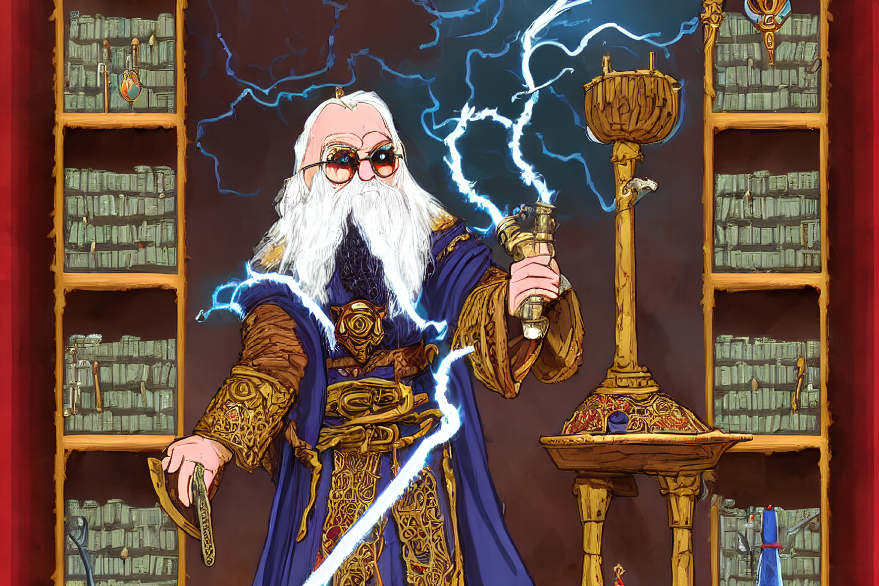 Illustration of wise wizard with long white beard in blue robe and staff, surrounded by lightning in library