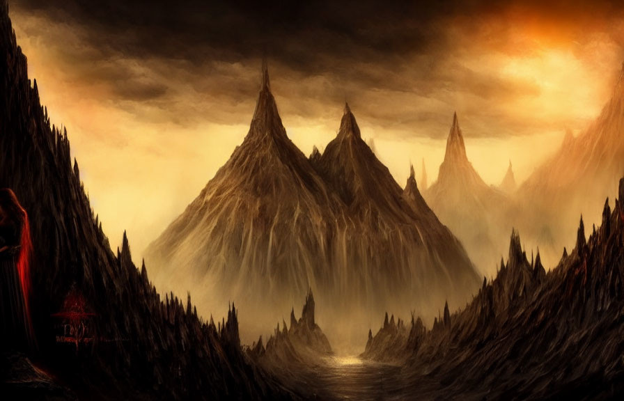 Dark mountains under fiery sky with cloaked figure in dramatic landscape