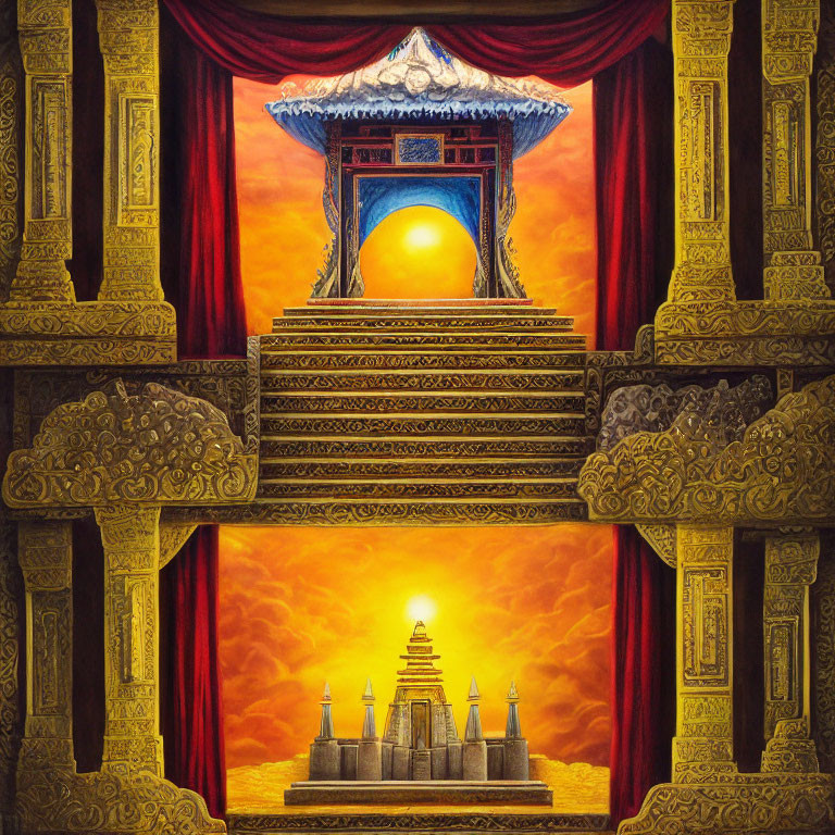 Surreal pagoda structure with glowing sun, golden patterns, and red curtains mirror effect