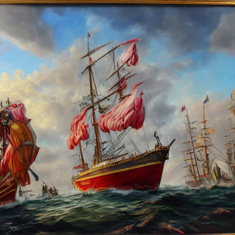 Naval battle oil painting: sailboats with red sails in stormy sky