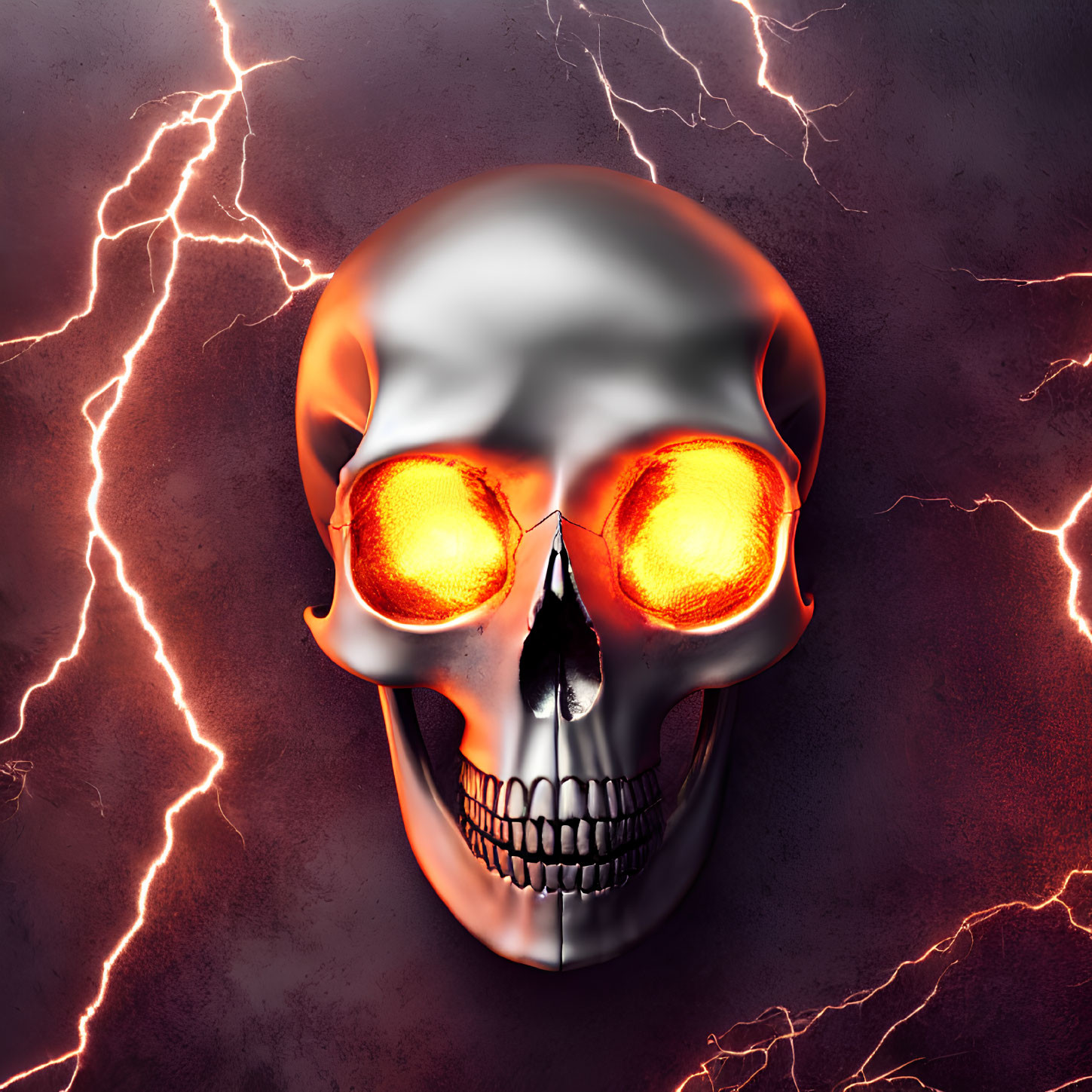 Metallic Skull Illustration with Glowing Eyes on Dark Red Background