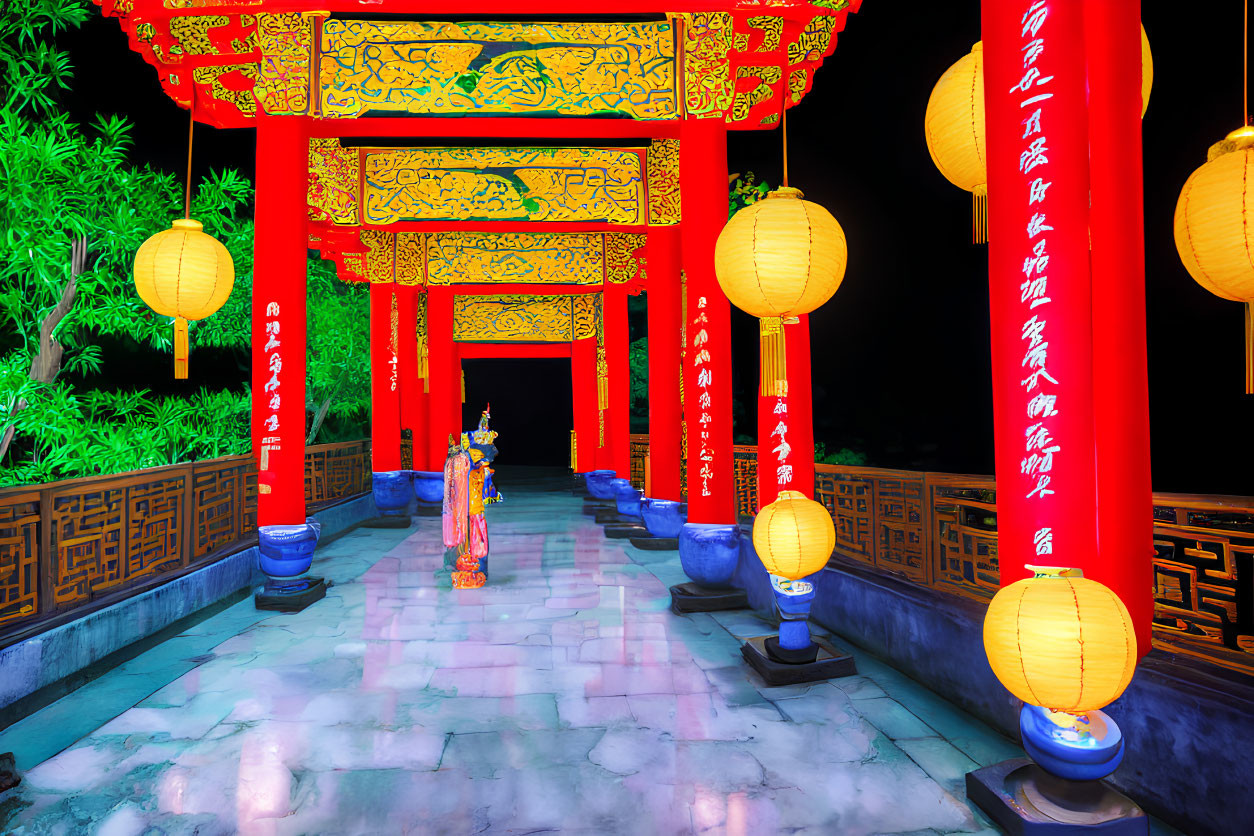 Traditional Asian Night Scene with Red Pillars and Hanging Lanterns