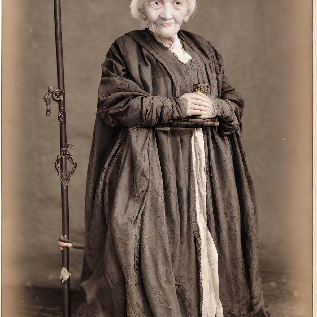 Elderly Woman in Vintage Clothing with Cane and Chain