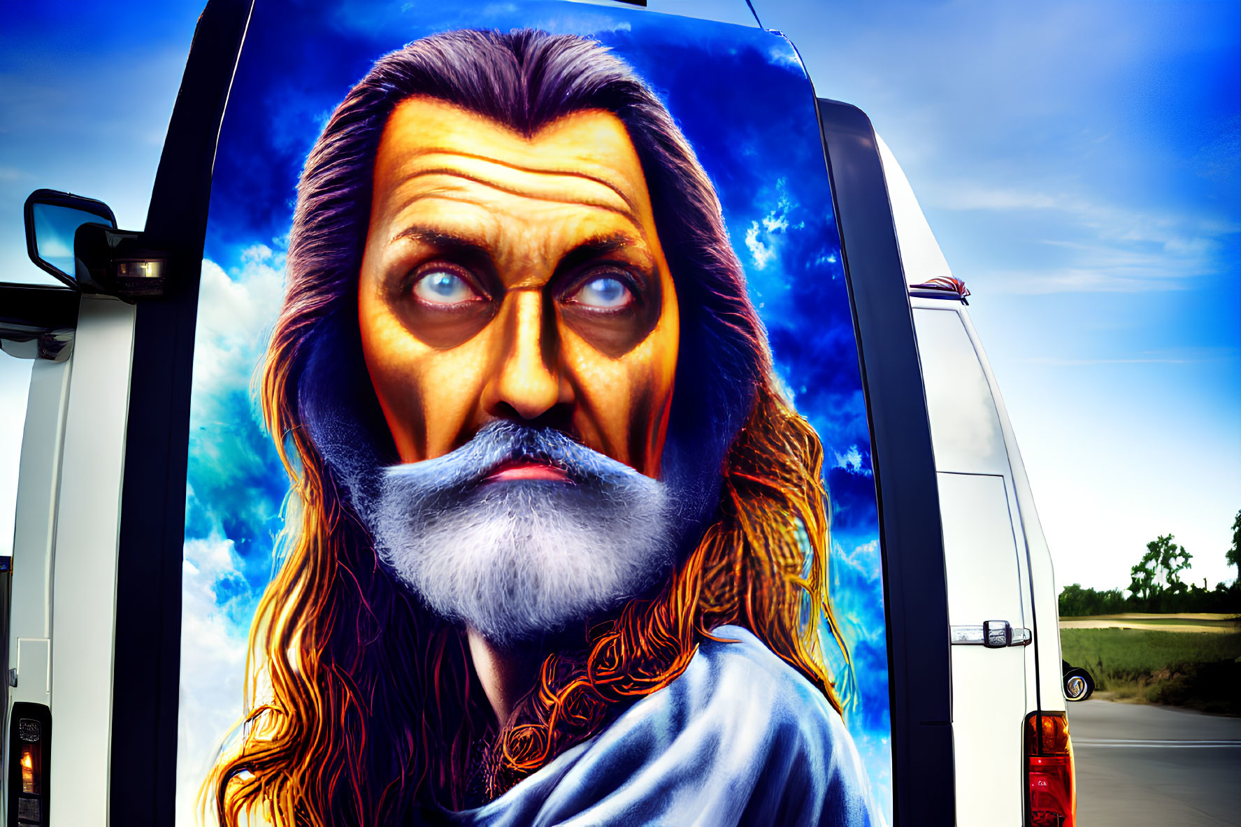 Detailed van artwork featuring intense-eyed male character with long beard against sky background