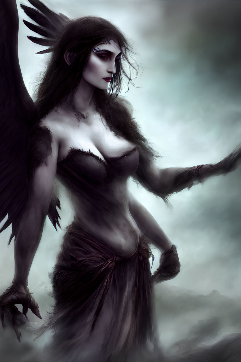 Fantasy illustration of female figure with dark feathered wings and raven hair