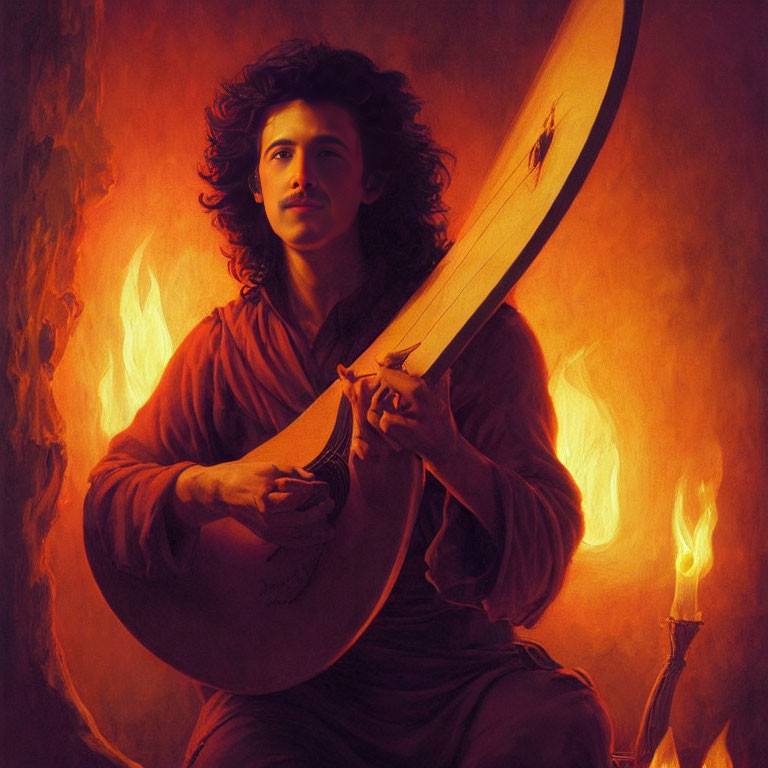 Person with Wavy Hair Holding Curved Sword Against Fiery Backdrop