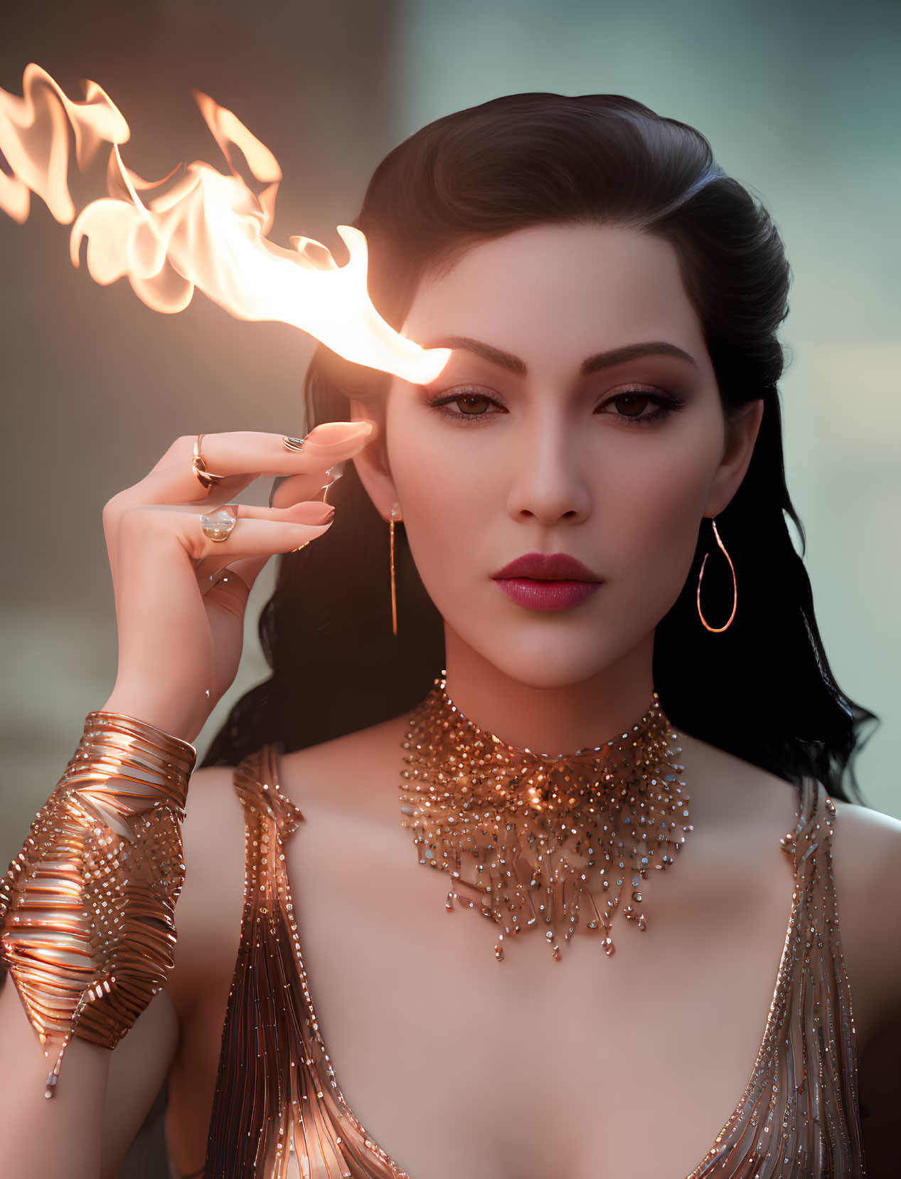 Elegant woman with jewelry touches flame, exuding mystique