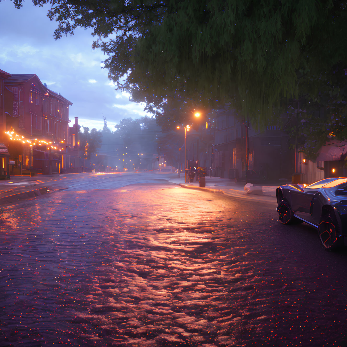 Tranquil dusk street scene with wet cobblestones, modern car, traditional buildings, and ambient