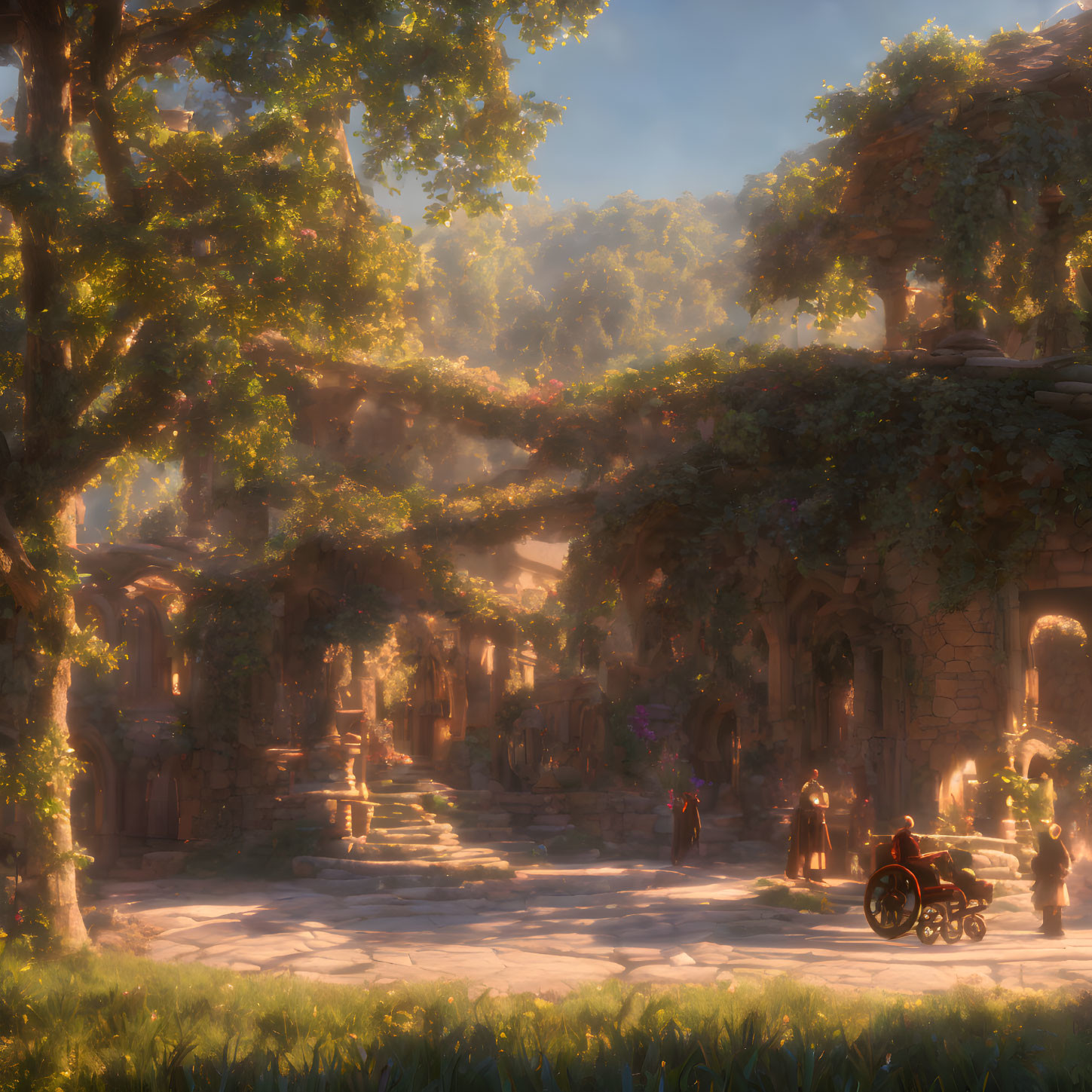 Fantasy forest scene with sunlight, ruins, and people in tranquil clearing