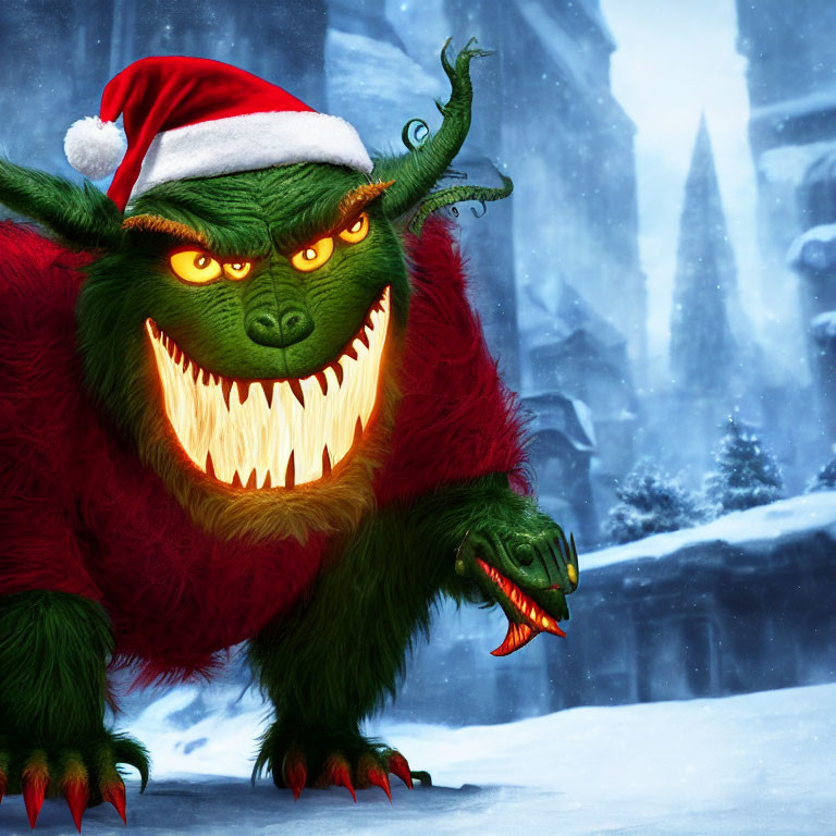 Green furry creature in Santa hat snarls with red ornament in snowy scene