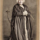 Elderly Woman in Vintage Clothing with Cane and Chain