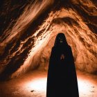 Person in black cloak with scream mask in front of cave backdrop with orange lighting