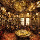 Luxurious steampunk library with books, clocks, globes, and guests in warm lighting