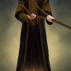 Bearded man in detailed black robe with glowing energy and staff