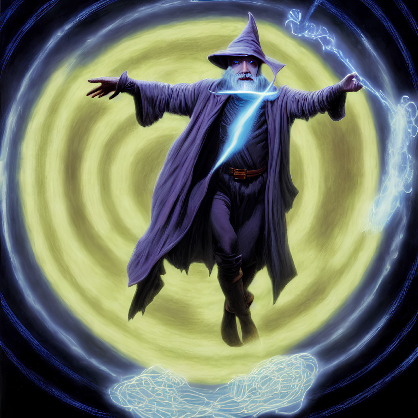 Blue-Glowing Wizard Casting Spell in Yellow Magical Vortex