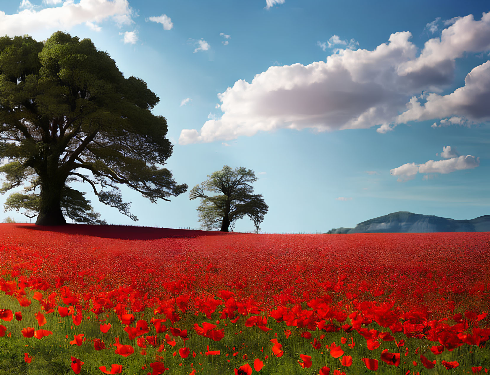 Lush red poppy field with trees under blue sky