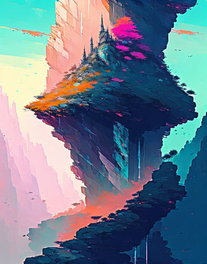 Vibrant fantasy landscape with floating rock island and castle under pastel sky